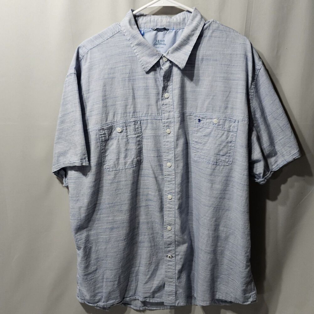 IZOD Saltwater Shirt Mens 2XL  XXL Aqua Vented Short Sleeve Button Down Blue/Whi